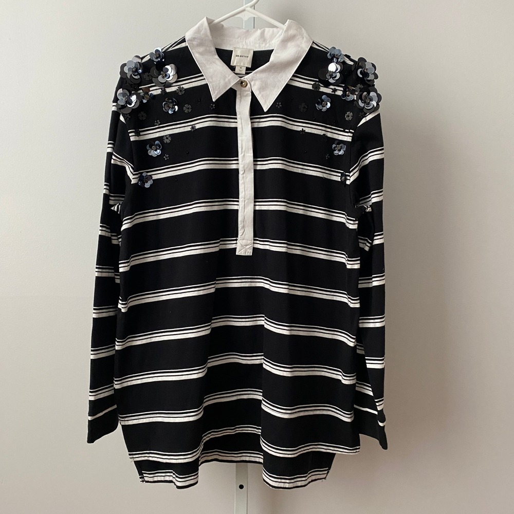 Maeve Cotton Quirky Academia Sequin Floral Rugby Shirt M Black Stripe Collegiate